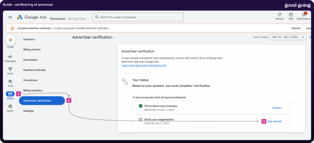 Good Going billede - 2025 Guides Guide verificer Google Ads konto Good Going webbureau